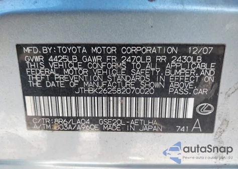 2008 Lexus Is 250 z USA, uszkodzony, nr VIN JTHBK262582070020